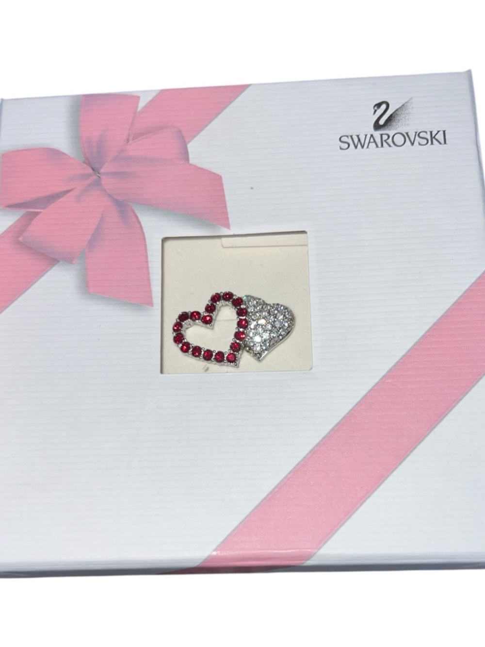 Swarovski Heart Double Brooch with Red and Clear Crystals